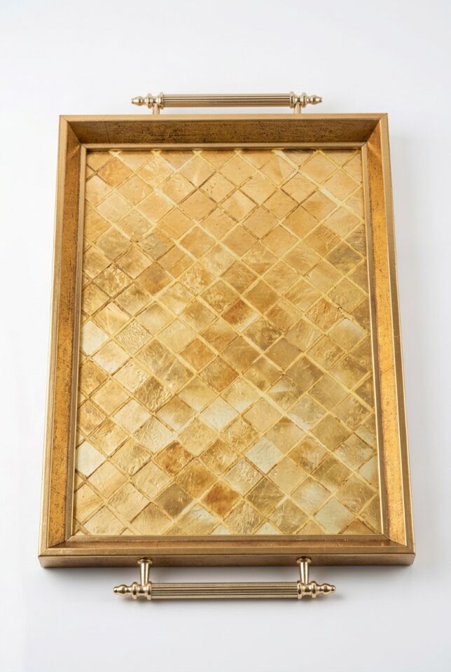 Kulplu Lüks Cam Sunum Tepsisi ALTIN TEPSI 50X31X4 CM
