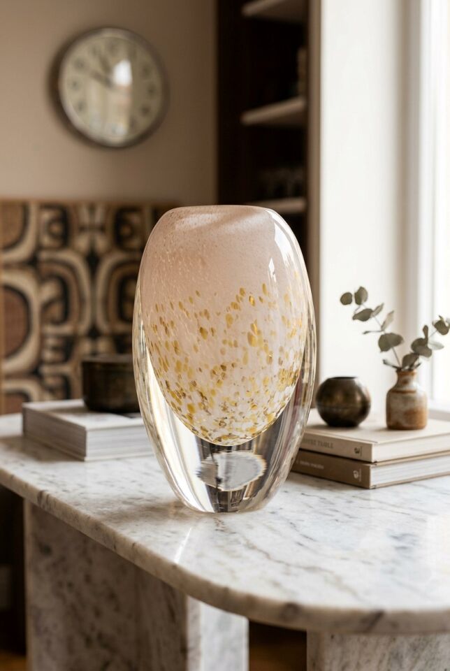 19 CM KRİSTAL VAZO - Gold Işıltılı Pudra Pembe Lüks Dekoratif Cam Vazo