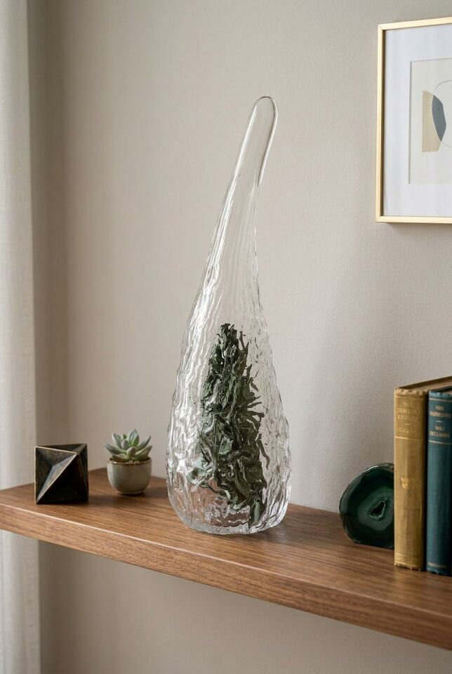 28 CM KRİSTAL OBJE - El Yapımı Modern Organik Cam Heykel (Şeffaf & Zümrüt Yeşili)
