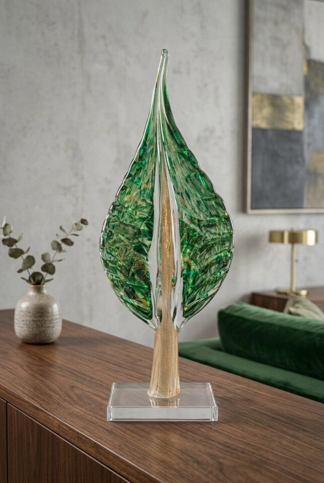 33 CM KRİSTAL OBJE – El Yapımı Lüks Yaprak Cam Dekoratif Heykel (Zümrüt Yeşili & Gold)