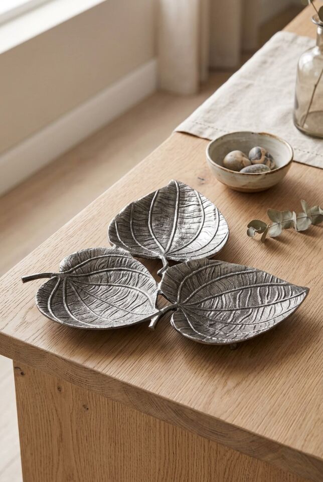 3LÜ YAPRAK TABAK SILVER – Metalik Dekoratif Sunum Tabağı ve Çerezlik (Gümüş Efektli)