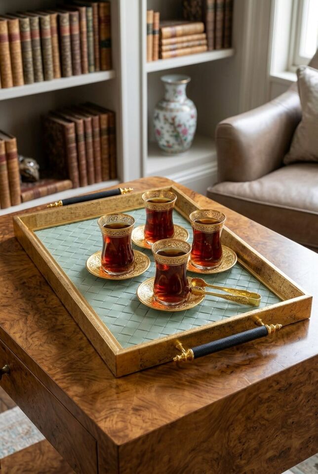 ALTIN-YEŞİL DESENLİ DERİ TEPSİ 49X31 CM – Lüks Cam Yüzeyli Dekoratif Sunum Tepsisi