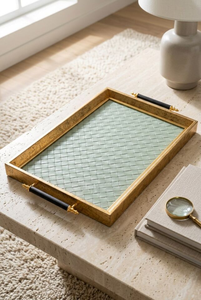 ALTIN-YEŞİL DESENLİ DERİ TEPSİ 49X31 CM – Lüks Cam Yüzeyli Dekoratif Sunum Tepsisi
