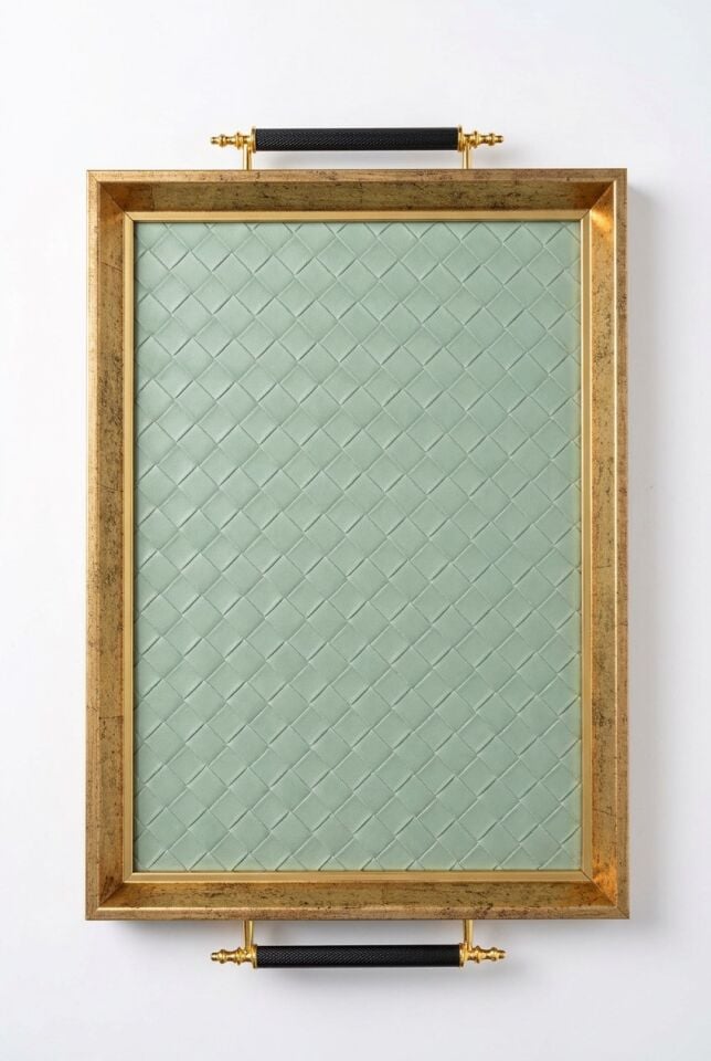 ALTIN-YEŞİL DESENLİ DERİ TEPSİ 49X31 CM – Lüks Cam Yüzeyli Dekoratif Sunum Tepsisi