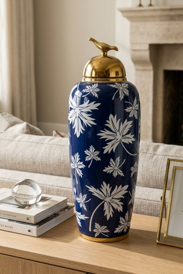 BLUE FALL KAPAKLI KUP 17X17X47 CM – El Yapımı Cam Dekoratif Küp ve Kavanoz (Saks Mavisi & Gold)