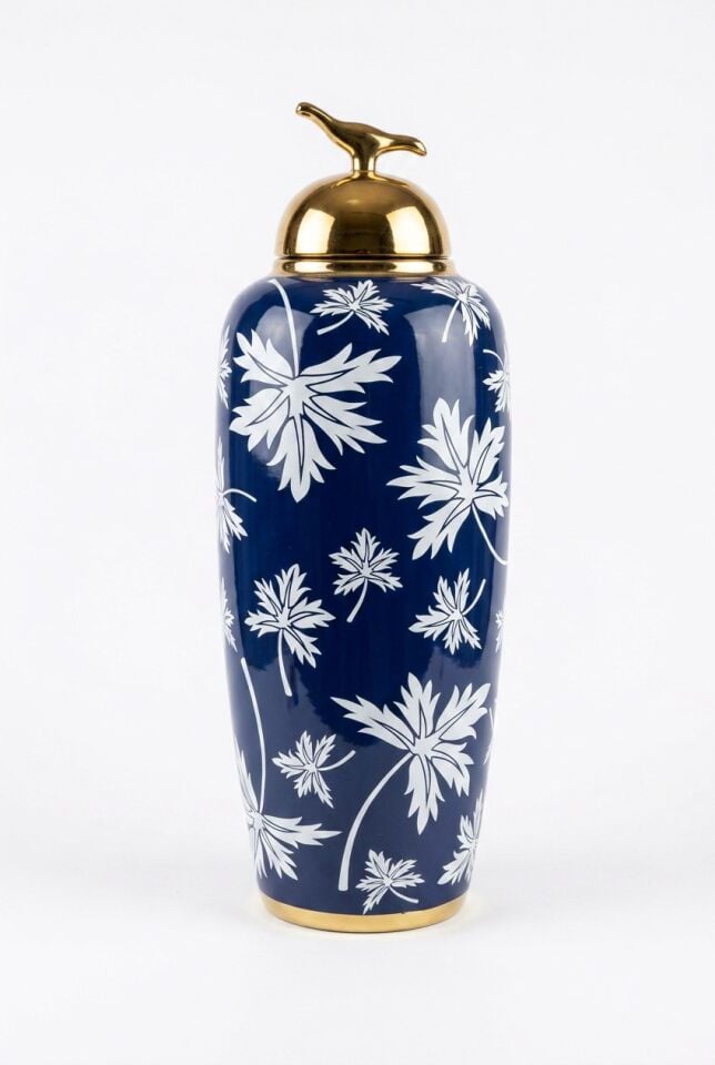 BLUE FALL KAPAKLI KUP 17X17X47 CM – El Yapımı Cam Dekoratif Küp ve Kavanoz (Saks Mavisi & Gold)