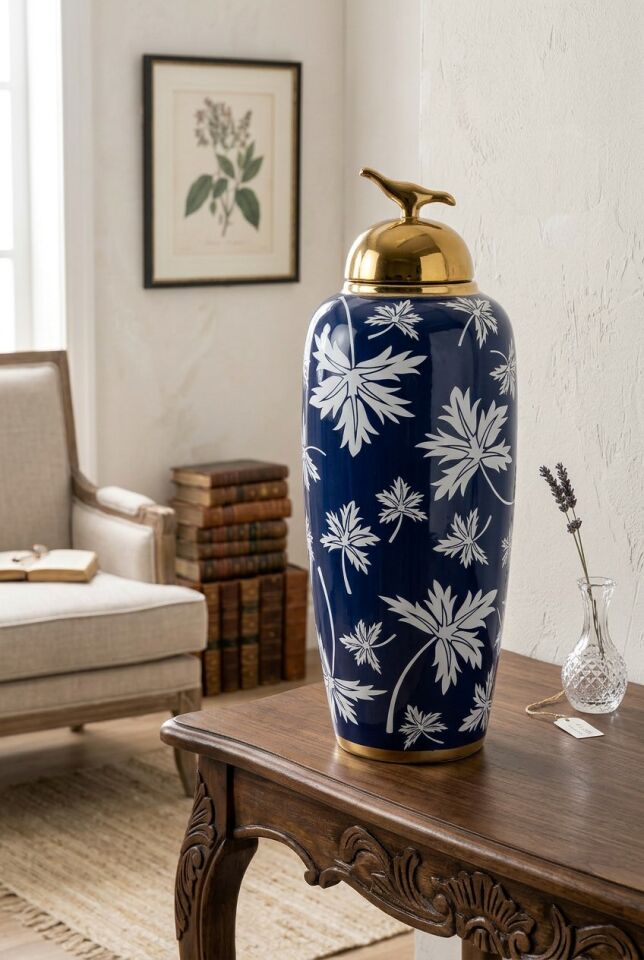 BLUE FALL KAPAKLI KUP 17X17X47 CM – El Yapımı Cam Dekoratif Küp ve Kavanoz (Saks Mavisi & Gold)