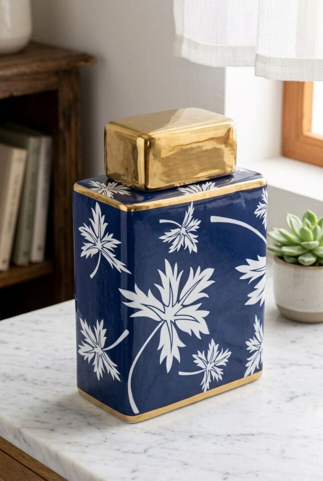 BLUE FALL DİKDÖRTGEN KAPAKLI KÜP 26 CM  Dekoratif Seramik Kübik Kavanoz ve Obje (Saks Mavisi & Gold)