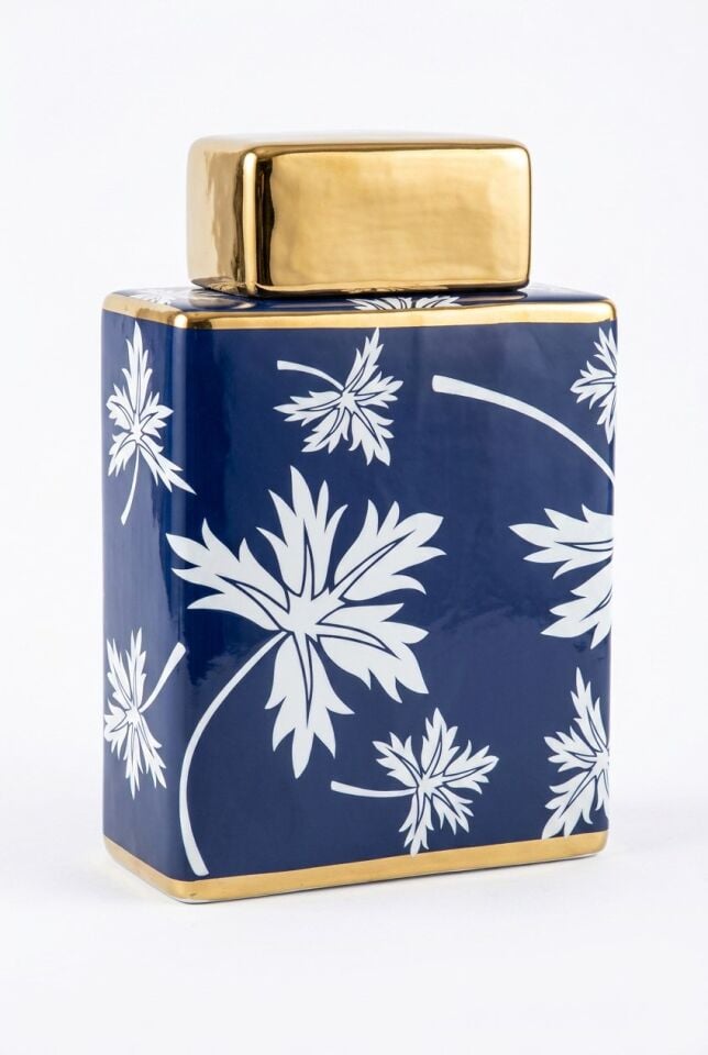 BLUE FALL DİKDÖRTGEN KAPAKLI KÜP 26 CM  Dekoratif Seramik Kübik Kavanoz ve Obje (Saks Mavisi & Gold)