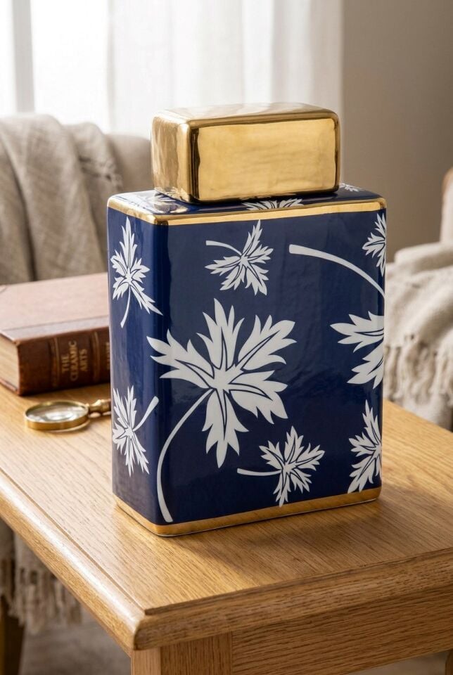 BLUE FALL DİKDÖRTGEN KAPAKLI KÜP 26 CM  Dekoratif Seramik Kübik Kavanoz ve Obje (Saks Mavisi & Gold)