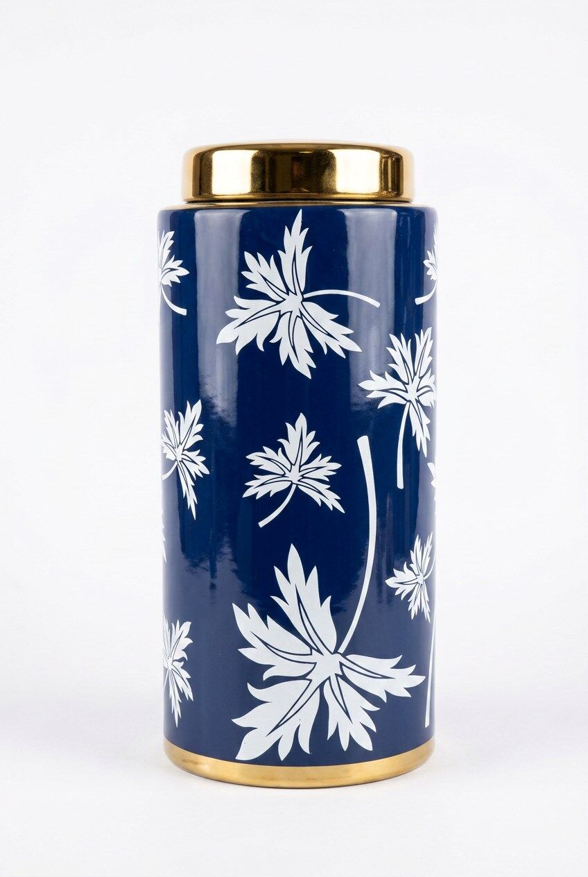 BLUE FALL SİLİNDİR VAZO 13X13X29 CM – Premium Seramik Dekoratif Vazo (Saks Mavisi & Gold)