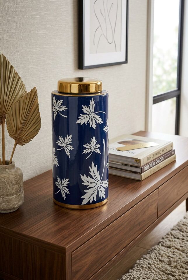 BLUE FALL SİLİNDİR VAZO 13X13X29 CM – Premium Seramik Dekoratif Vazo (Saks Mavisi & Gold)