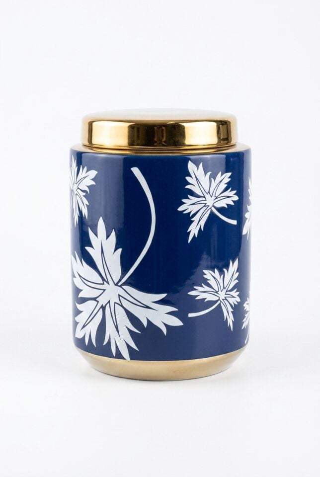 BLUE FALL SİLİNDİR VAZO 15X15X21 CM – Premium Seramik Dekoratif Kutu ve Vazo (Saks Mavisi & Gold)