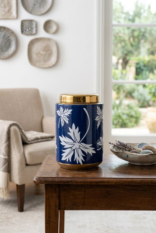 BLUE FALL SİLİNDİR VAZO 15X15X21 CM – Premium Seramik Dekoratif Kutu ve Vazo (Saks Mavisi & Gold)