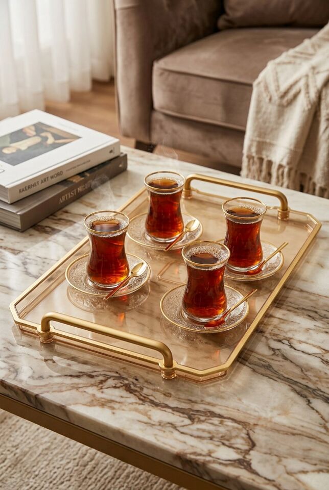 CRYSTAL SUNUM TEPSİSİ 40X28 CM ŞEFFAF AMBER – Lüks Altın Kulplu Dekoratif Sunum Tepsisi