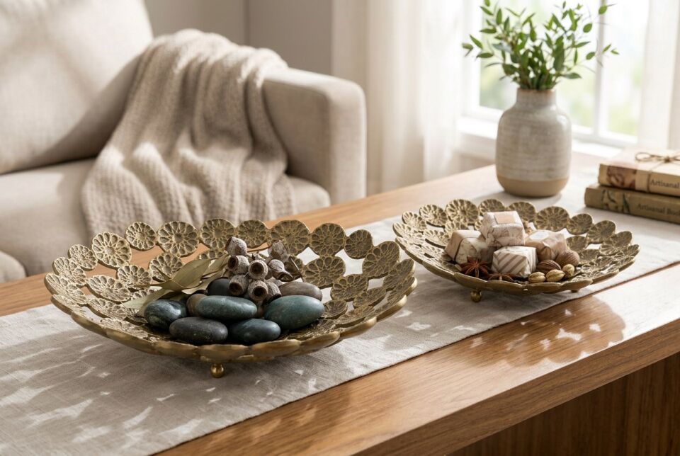 DELFINA 2Lİ OVAL TABAK SETİ – Antik Bronz Renkli Dekoratif Metal Gondol ve Sunum Kasesi Seti