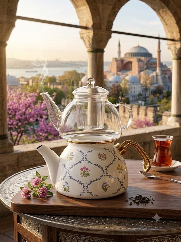 EMAYE CAM ÇAYDANLIK BEYAZ ÇİÇEKLİ