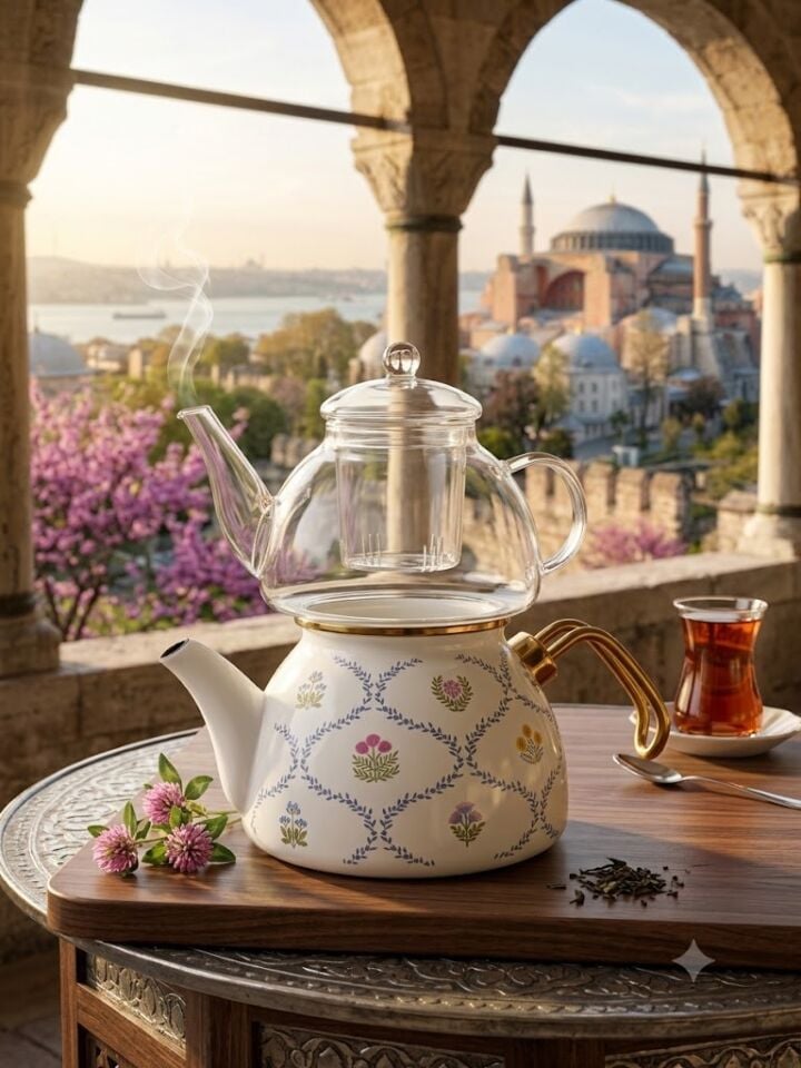 EMAYE CAM ÇAYDANLIK BEYAZ ÇİÇEKLİ