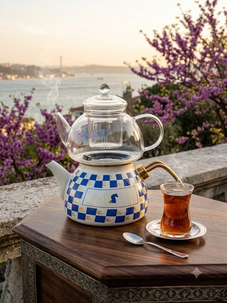 EMAYE CAM ÇAYDANLIK BEYAZ MAVİ KARE