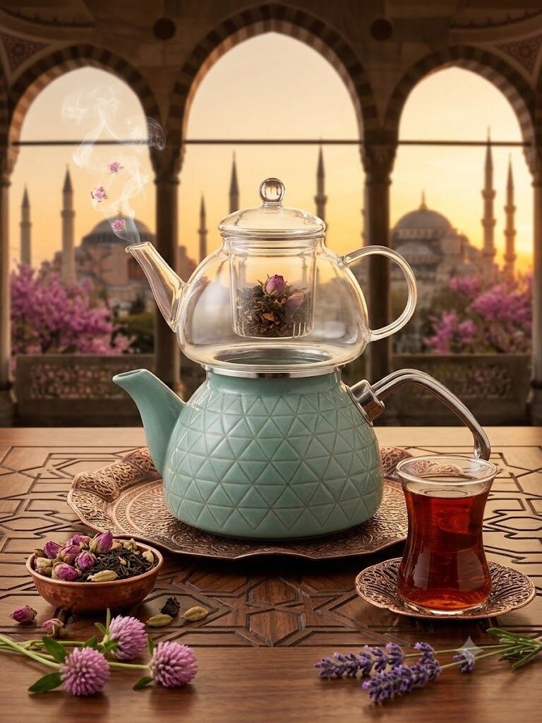 EMAYE CAM ÇAYDANLIK TURKUAZ ÇİZGİ