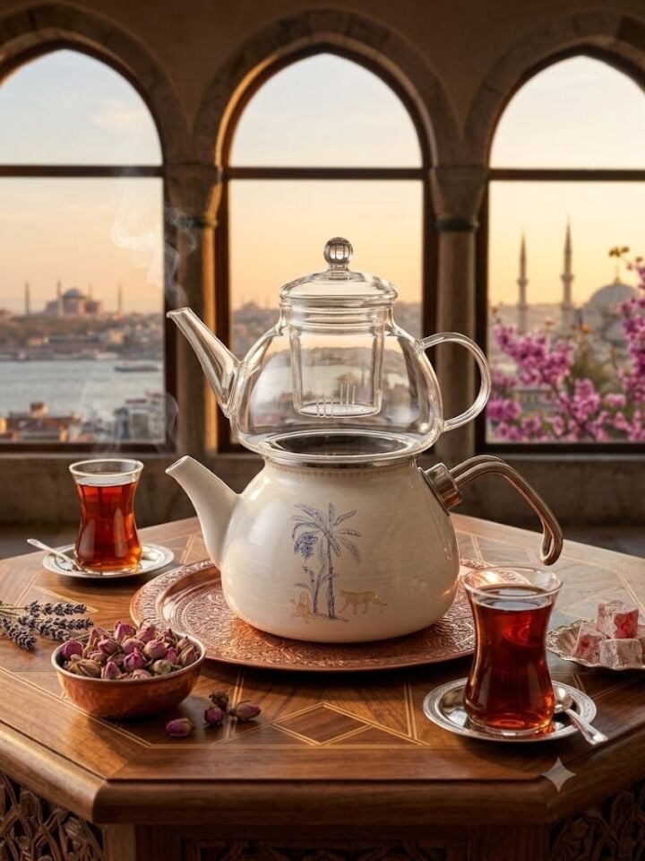 EMAYE CAM ÇAYDANLIK BEYAZ PALMİYE